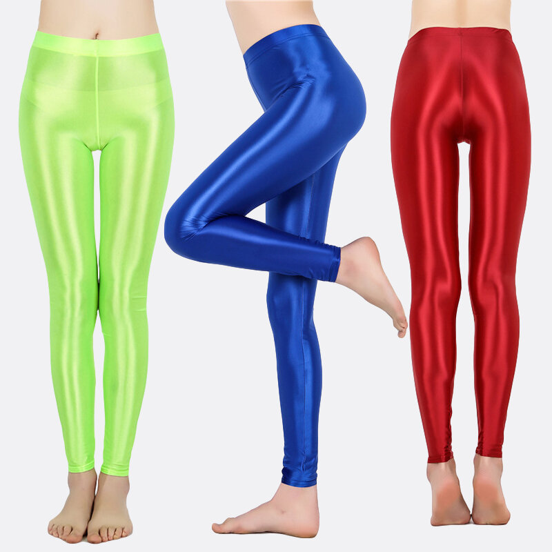 Mallas de Yoga de nueve puntos para mujer, pantalones ajustados de satén con purpurina brillante, Sexy, para gimnasio, Ballet y baile