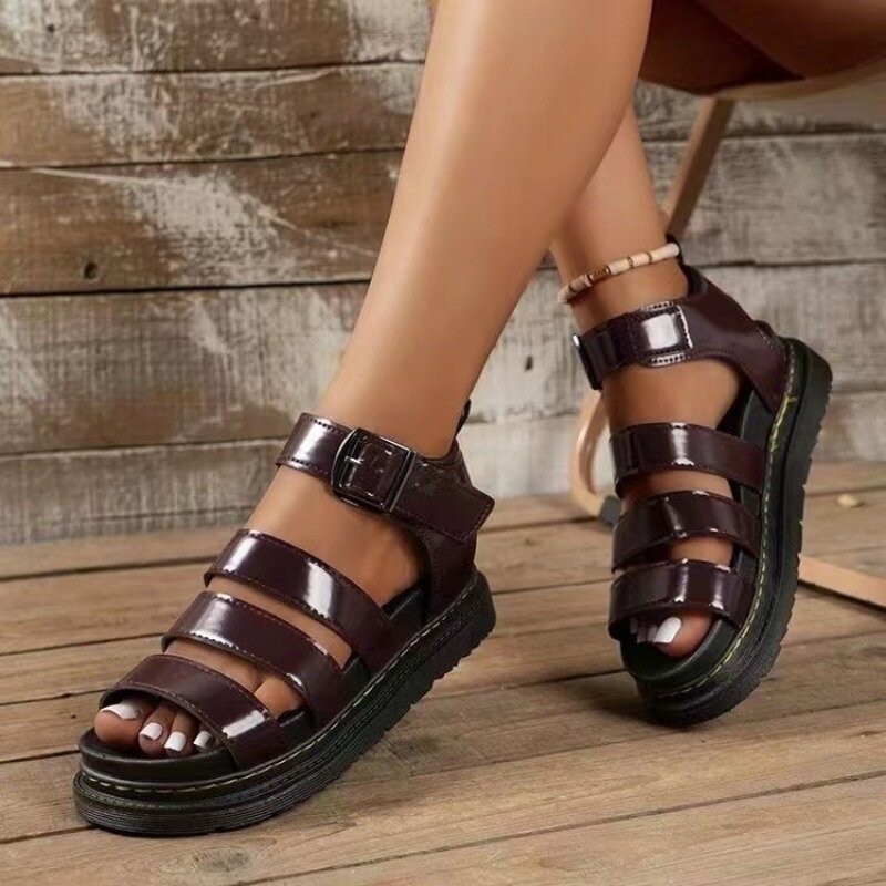 แพลตฟอร์มรองเท้าฤดูร้อนรองเท้าแตะผู้หญิงสายรัดสี่เหลี่ยมแบบแคบวินเทจรองเท้าแตะสายไขว้สายรัดทรง V รองเท้าอ้วน