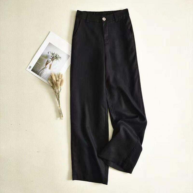 Women's Summer Casual High-Waist Pants: Elasticated with Zipper & Button Closure, Solid Color Wide-Legged Straight Trousers feat