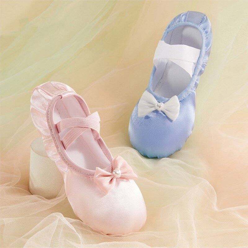Zapatos de ballet con lazo de perlas para niñas y niños, zapatos de baile con suelas suaves, zapatos de entrenamiento, zapatos de baile con garra de gato