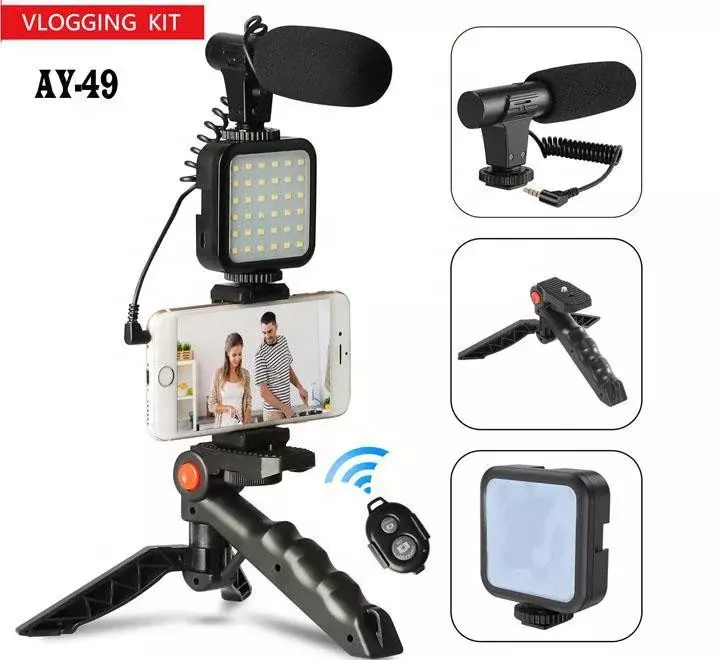 Vlogger kit mikrofon LED, Tripod Mini dengan Remote untuk kamera ponsel pintar mikrofon vlogger kit