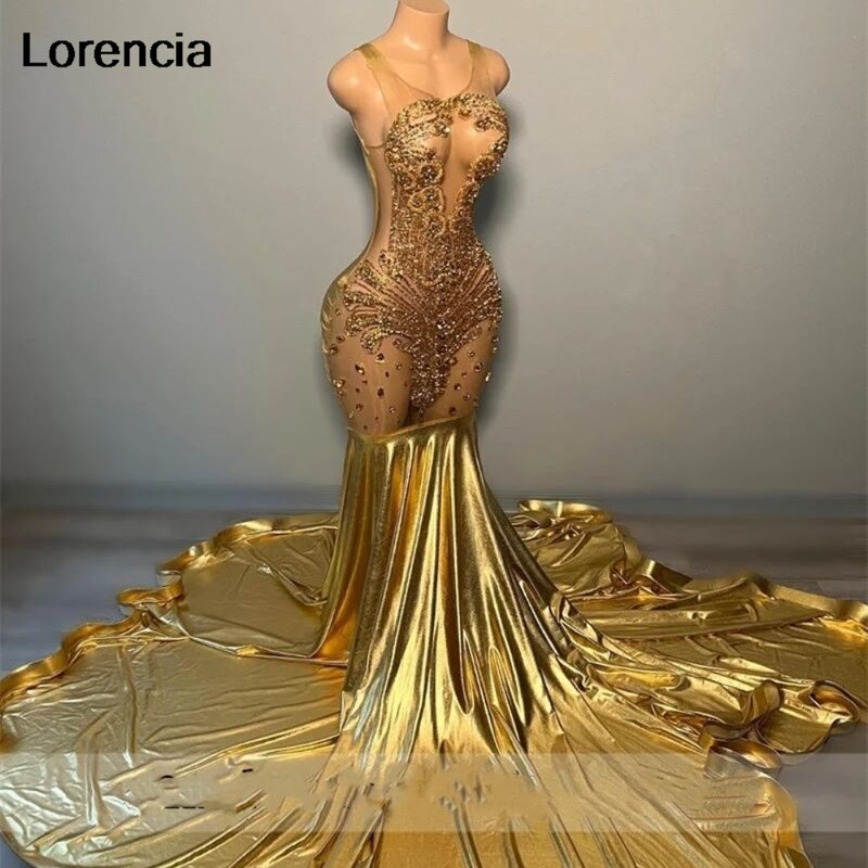 Lorencia Gold Diamonds Long Prom Dress For Black Girl 2024 Beaded Crystal Rhinestones Birthday Paty Gowns Robe De Soiree YPD68