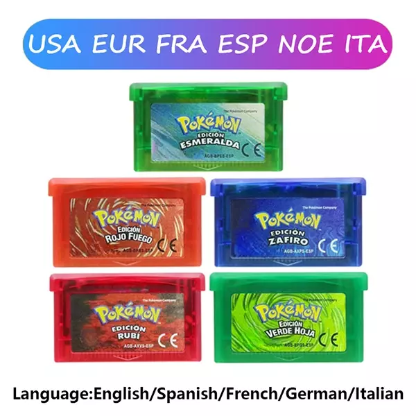 Pokemon Video Game Cartucho Console Card, GBA Game Series, Esmeralda, Rubi, Vermelho-fogo, Leafgreen, Safira, Multi-Idioma, 32 Bit