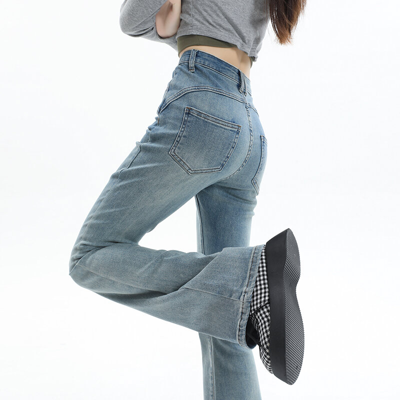 กางเกงยีนส์ผู้หญิงกางเกงขาบานผ้าฝ้ายผ้ายีนส์ยืดรัดรูปสตรีทแวร์กางเกงฮาราจูกุเอวสูงเข้ารูปเอวสูง