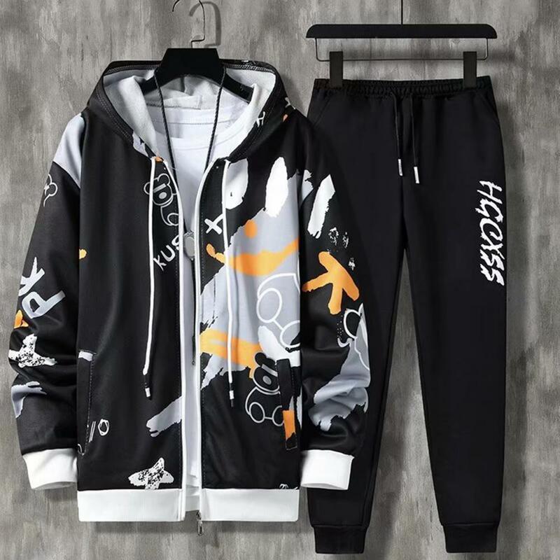 Men Athletic Wear Outfit Men's Hip Hop Tracksuit Set with Hooded Coat Drawstring Pants Letter Print Sportswear with Zipper