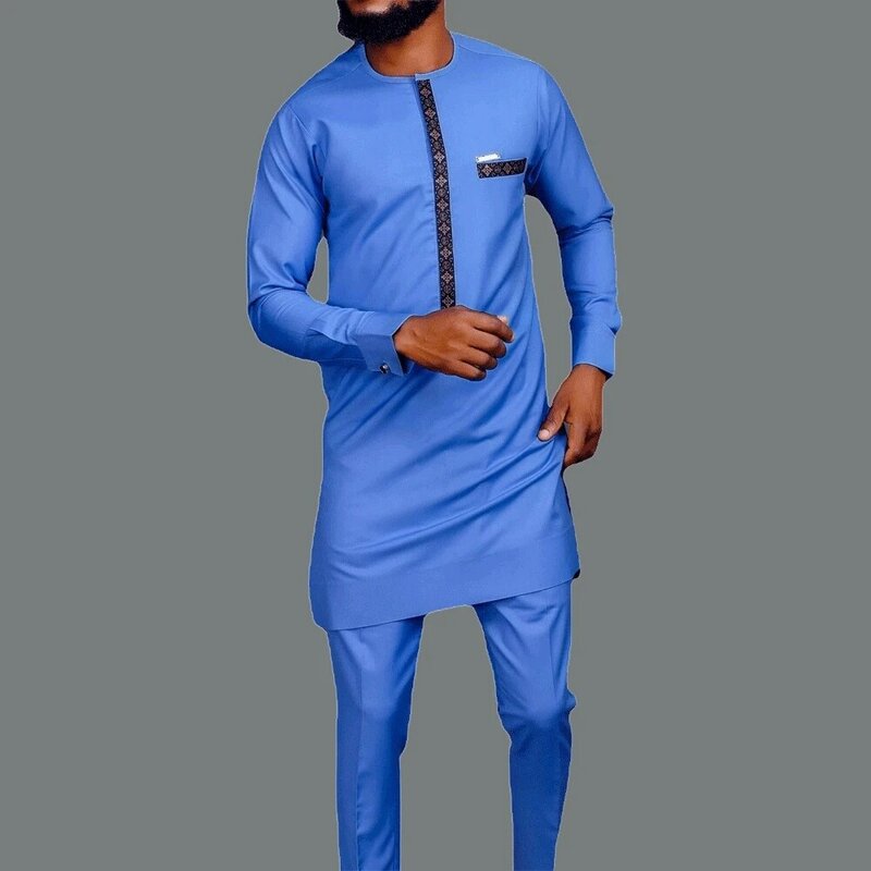 Dashiki الأفريقية الرجال ملابس الرجال دعوى الأزرق عادية كم طويل العرقية طباعة قميص و السراويل قطعتين الرجال مجموعات (M-4XL) 2022