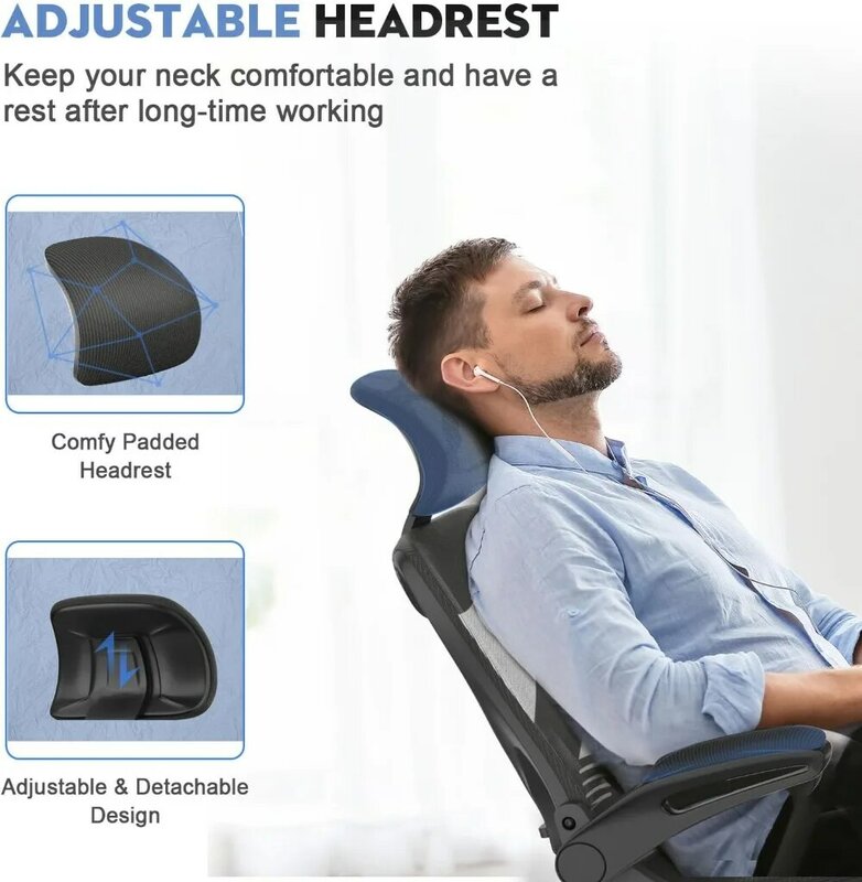 사무실 의자-인체 공학적 책상 의자, 조절 가능한 2D 머리 받침대 및 요추 지지대, 기울기 및 높이 조절, 가정 사무실 책상