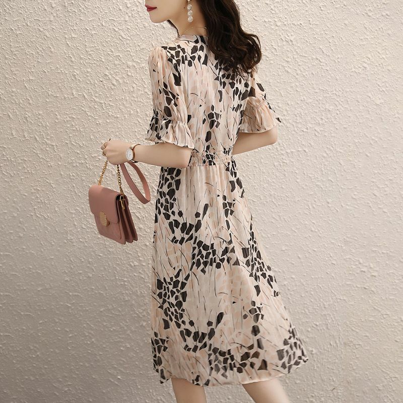 Elegant V-Neck Printed Folds Ruffles Flare Sleeve Party Dress Women's Clothing 2024 Summer New Loose Office Lady Floral Dress
