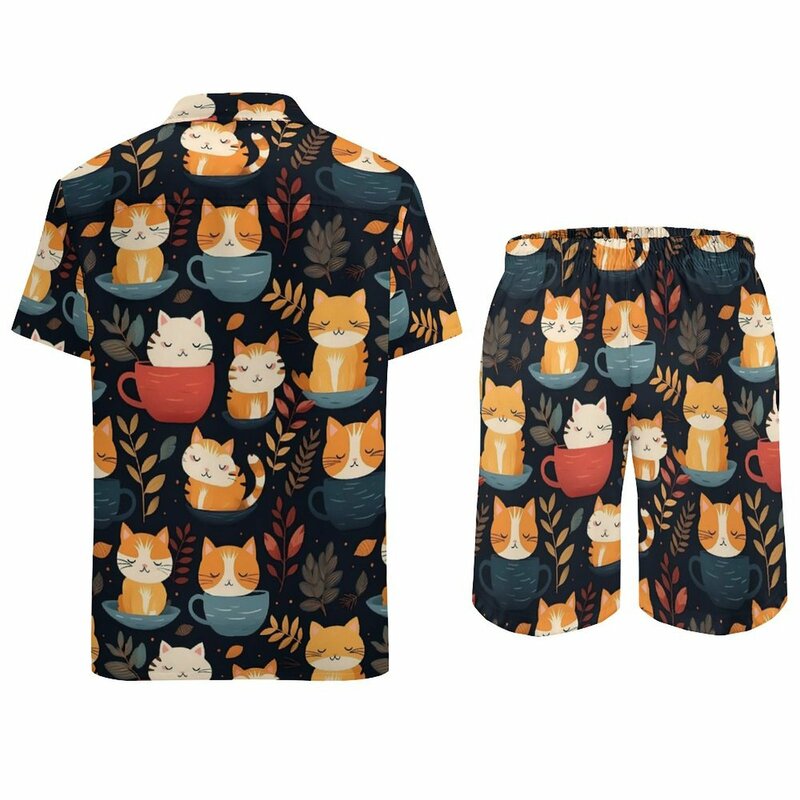 Magic Cats In Mugs Beach Men Set Cute Animal Casual Shirt Set Summer Pattern Shorts due pezzi Retro Suit Plus Size