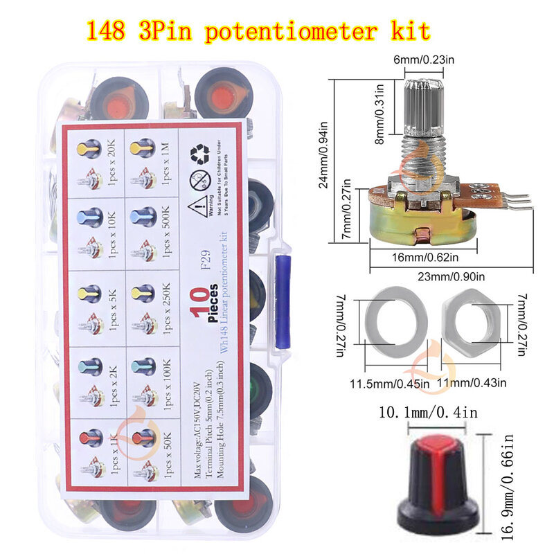 Wh148 Single Dual Potentiometer Mix Kit 3Pin 5Pin 6Pin Switch Audio Shaft Amplifier Sealing B1K 2K 5K10K 20K 50K 100K 250K 500K1
