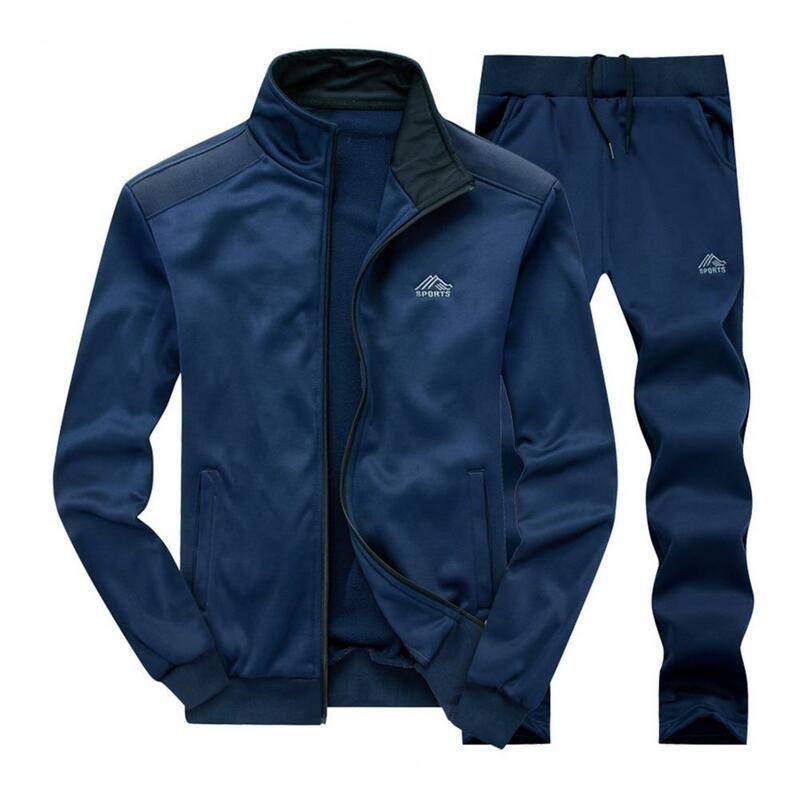 남성용 포켓 운동복 스탠드 칼라, 긴팔 지퍼 재킷, 스트레이트 레그 팬츠 세트, 가을, 겨울, 2 피스