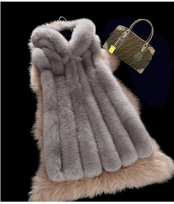 Gilet con cappuccio in pelliccia di volpe imitazione all'ingrosso della fabbrica cappotto in stile coreano di media lunghezza delle nuove donne