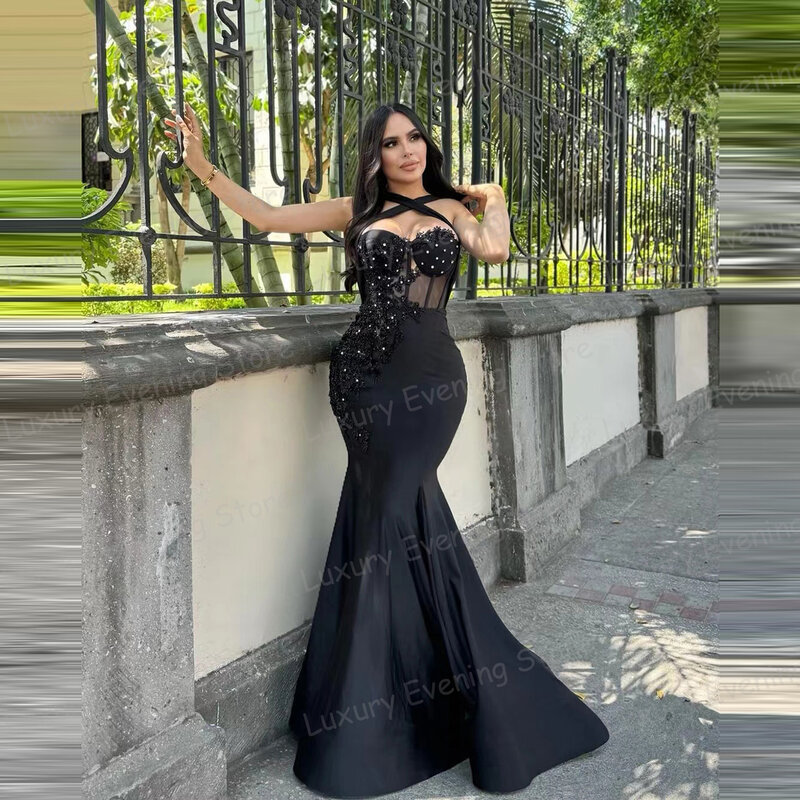 Classic Black Evening Dresses Mermaid Sexy Sweetheart Sleeveless Women's Prom Gowns Appliques Satin Formal Party Fashion Vestido