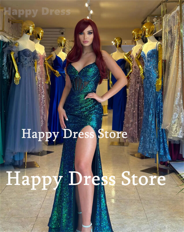 Sexy Spaghetti Straps Prom Dress New Shiny Sequin V-Neck Sleeveless Mermaid Special Evening Dress High Side Split Party Dress