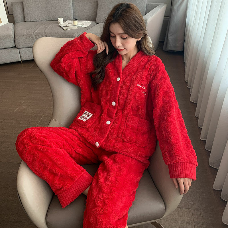 Пижама из красного кораллового флиса, Женская осенне-зимняя утепленная куртка из флиса, юбилейная одежда для дома, можно носить на улице, одежда для сна