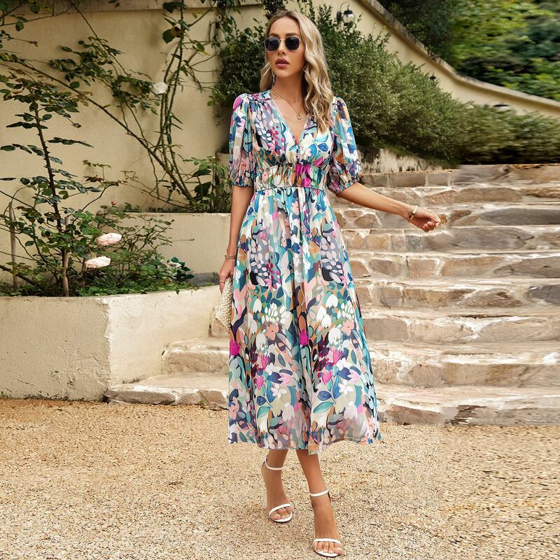 2024 New Beach Dress for Women Summer Waist Collection V-neck Printed Long Dress Cover-Ups Outdoor Sports Swimwears Clothing