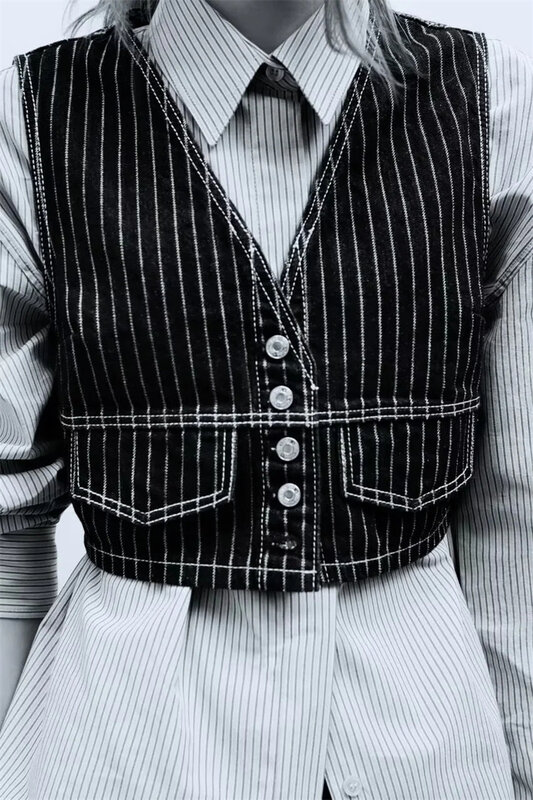 Весенняя полосатая джинсовая короткая жилетка для женщин, жилет на пуговицах, куртка в ретро стиле, оригинальная искусственная жилетка