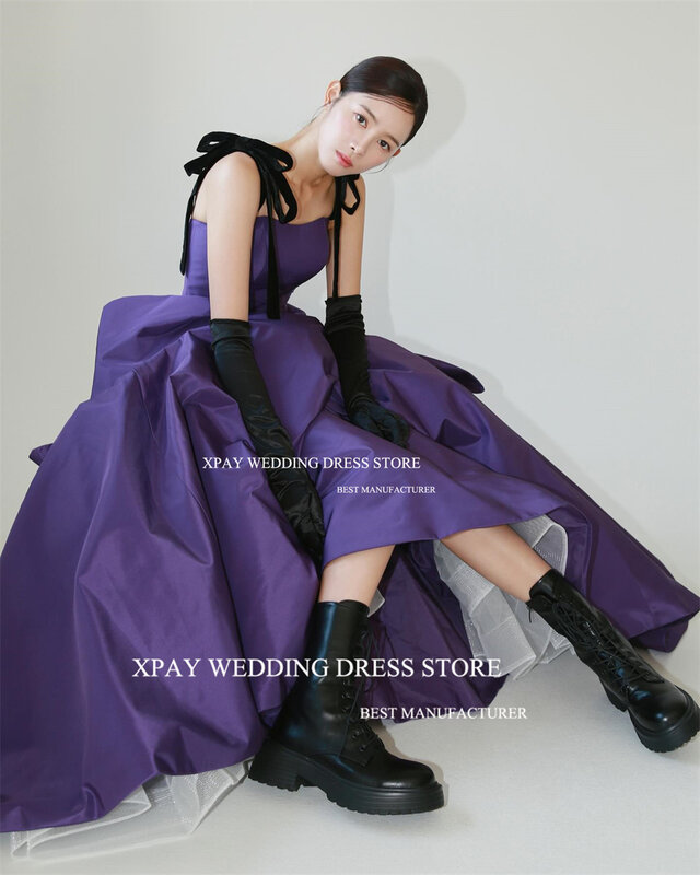 XPAY Square Neck Purple Korea Evening Dresses Black Straps Satin Evening Gown Photo Shoot Corset Sleeveless Birthday Party Dress