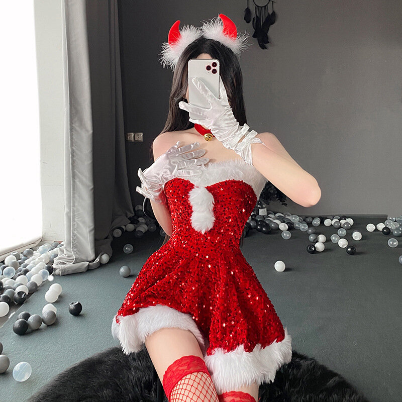 Gaun Natal tanpa tali lucu manis pakaian pelayan kostum Cosplay gaun merah Lolita seksi kostum pesta klub Jepang Santa wanita