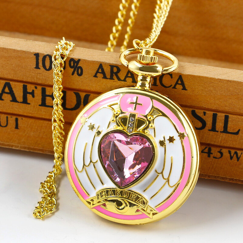 Collana con orologio da tasca al quarzo intarsiato con diamanti in fiore di ciliegio rosa carino per Souvenir regalo di laurea di compleanno per bambini da donna