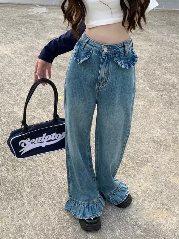 Jeans con volant donna Vintage stile americano High Street pantaloni larghi a vita bassa Y2k pantaloni in Denim All-match Flare Mopping Spring College