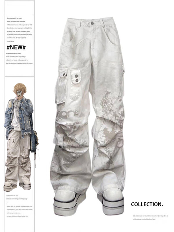 Kobiety Off white Baggy Cargo Pants Vintage Harajuku Y2k Aesthetic Oversize Spodnie spadochronowe Wysoka talia Szerokie spodnie 2000s Ubrania