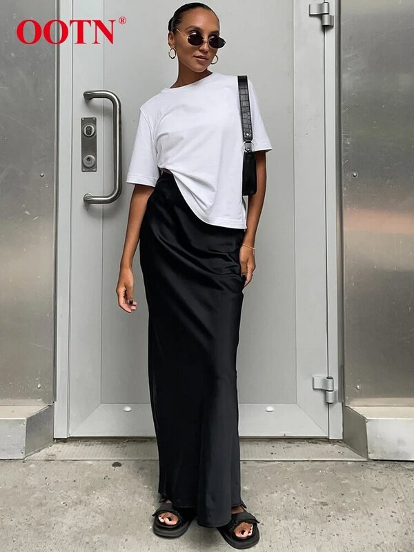 OOTN-Elegante saias de trompete preto acetinado para mulheres, cintura alta, saia de escritório feminina, saia longa rosa, vermelha, moda rua, 2022