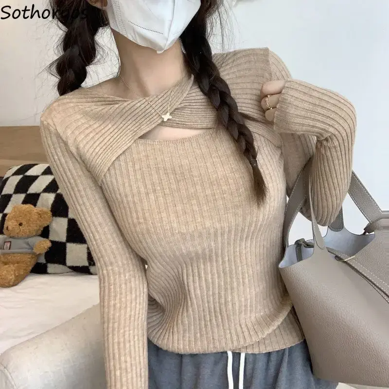 Pullover baju atasan seksi wanita, pakaian atasan dasar jalanan gaya Korea santai lembut lengan panjang musim gugur seksi Hotsweet ramping