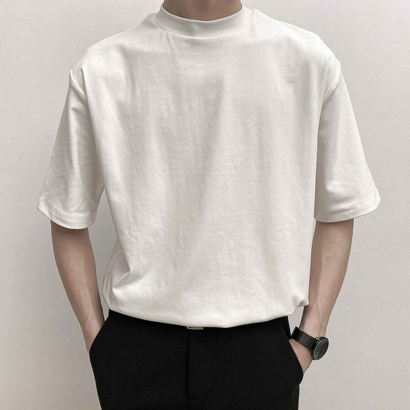 Camiseta masculina de colarinho meio alto, camiseta manga curta, cor sólida, roupas da moda, tamanho grande, design de nicho de verão, novo, 2024