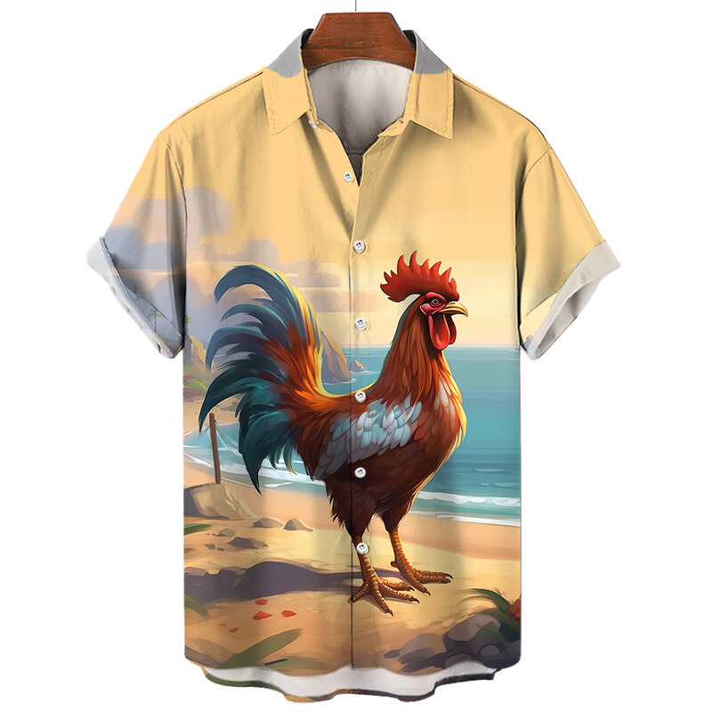 قميص شاطئ كبير الحجم بأكمام قصيرة للرجال ، دجاج مطبوع ، قمم هاراجاو ، ملابس غير رسمية يومية ، أنيقة ، هاواي ، اجتماعية ، صيفية ، Y2k