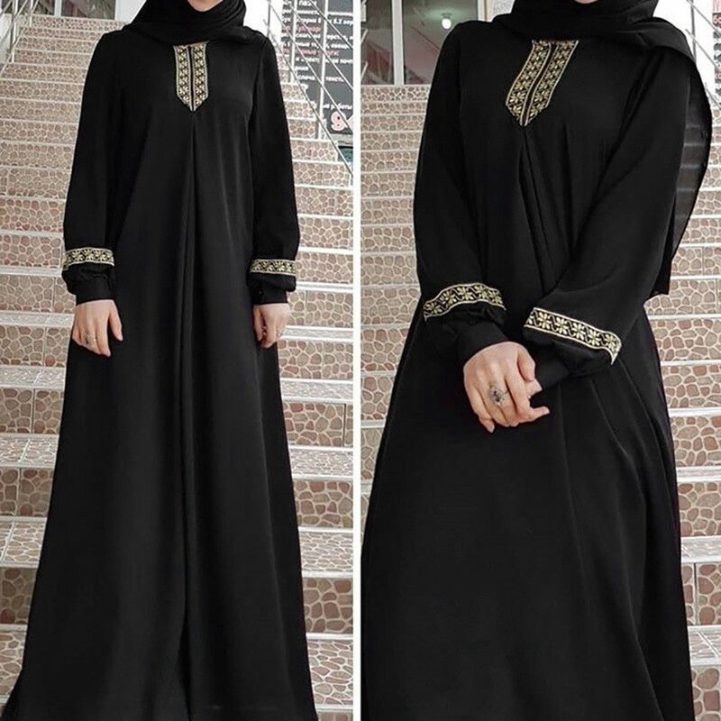 Abaya muçulmano vestido estilo étnico impressão, vestido muçulmano, cor sólida, solto, casual, para o Oriente Médio Arábia