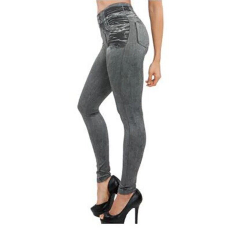 Leggings jeans falso feminino, leggins com estampa de bolso longo, calça lápis casual, moda sexy, verão