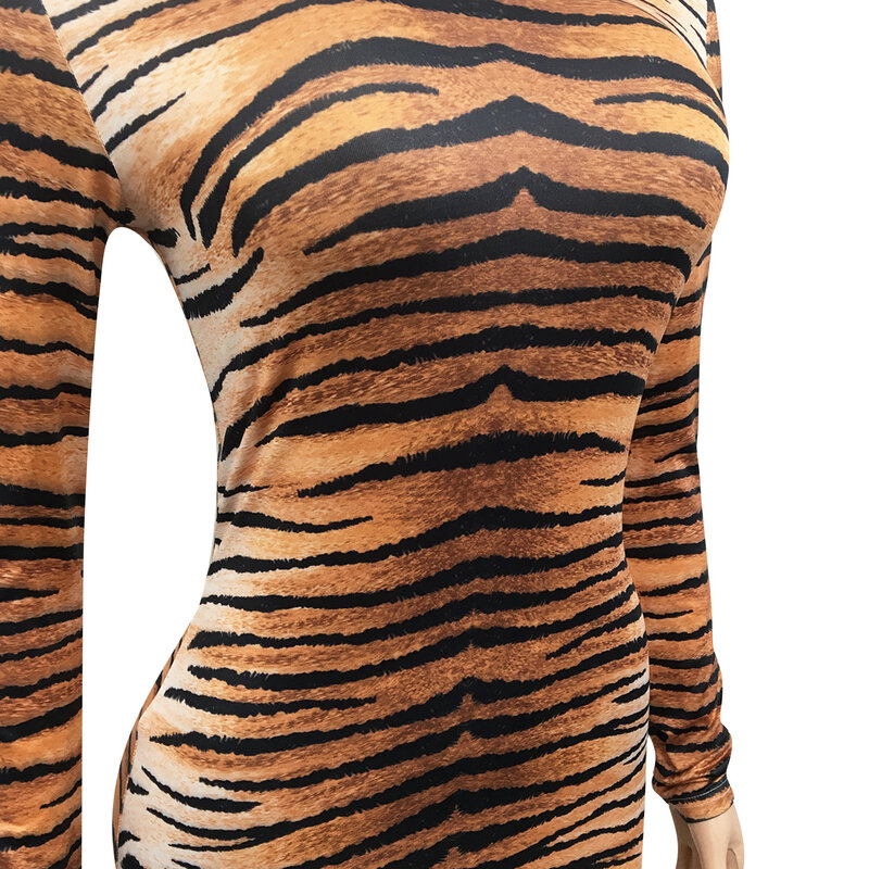 Jumpsuit Pendek Kerah Tinggi Wanita Pakaian Bermain Lengan Panjang Motif Garis Harimau Macan Tutul S-2XL 2 Warna X3739