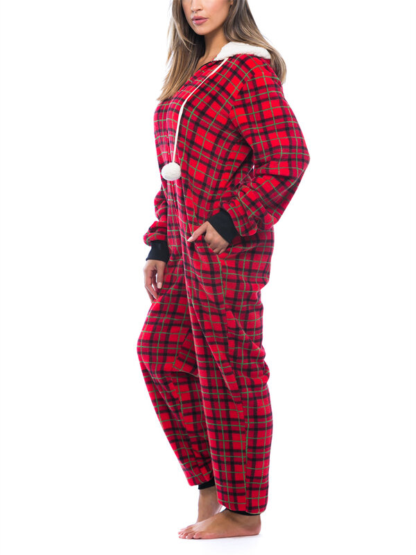 2024 여성용 체크 무늬 프린트 잠옷, 따뜻한 긴 소매 잠옷, 귀여운 지퍼 업 후드 전체 롬퍼, 크리스마스 점프수트