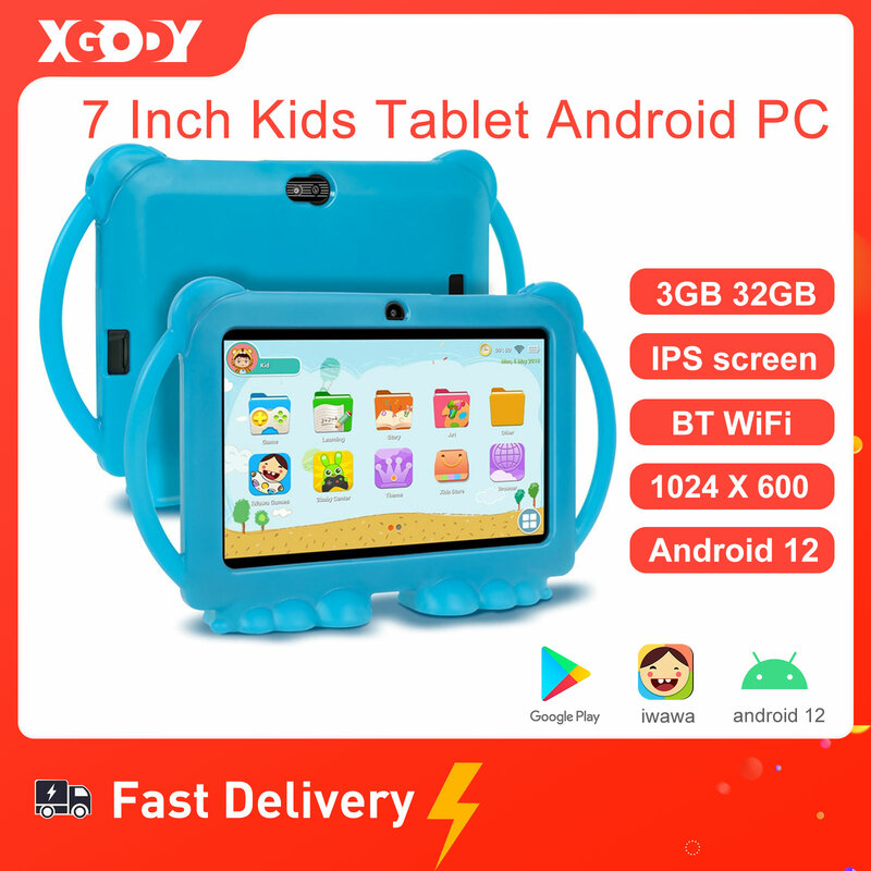 كمبيوتر لوحي للأطفال من XGODY-andid ، تعليم دراسي ، شاشة IPS ، 4Core ، WiFi ، OTG ، لطيف ، حافظة واقية اختيارية ، 7 بوصة