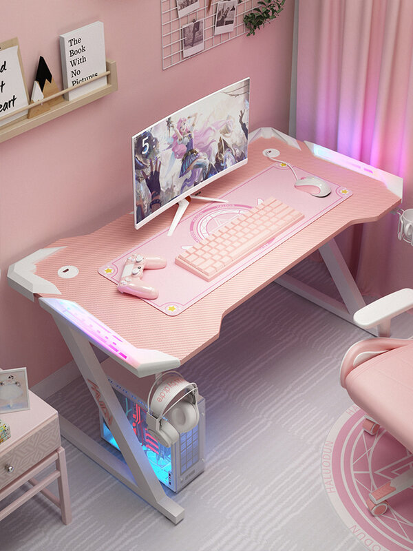 ใหม่สีชมพูตารางเกม RGB Light แฟชั่นหญิง Anchor โต๊ะคอมพิวเตอร์ห้องนอนศึกษาเด็กโต๊ะทำงานสีดำ100/120ซม.โต๊ะ