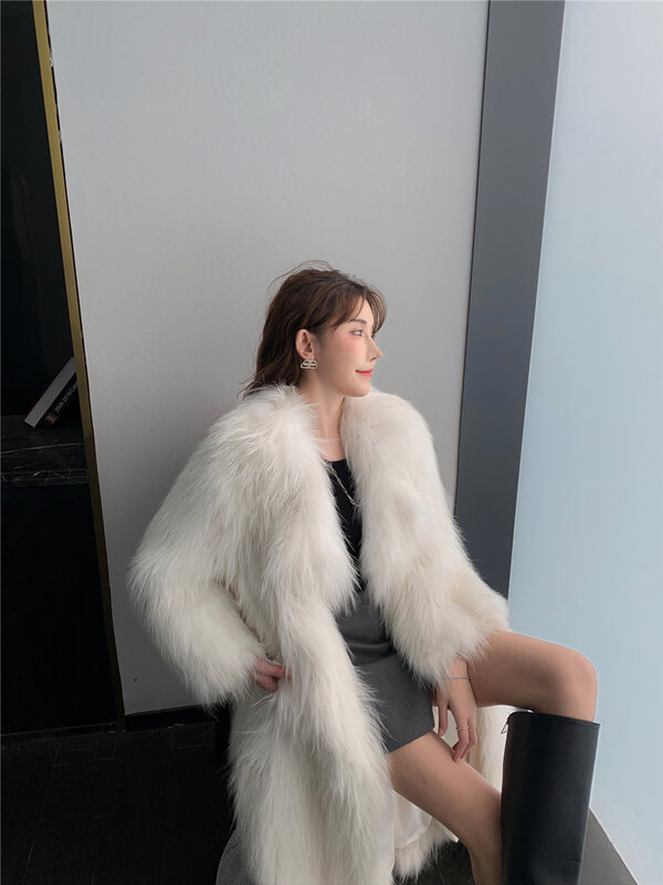 Новинка, элегантное стильное плетеное Женское пальто средней длины с большими лацканами из лисьего меха и меха енота