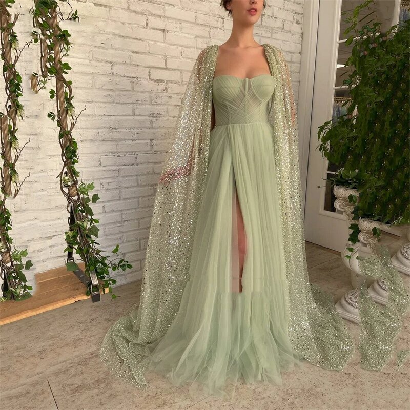 Зеленое ТРАПЕЦИЕВИДНОЕ платье для выпускного вечера с блестками кружевная накидка милое с Высоким Разрезом Длинное Вечернее Платье для официальной вечеринки привлекательное великолепное