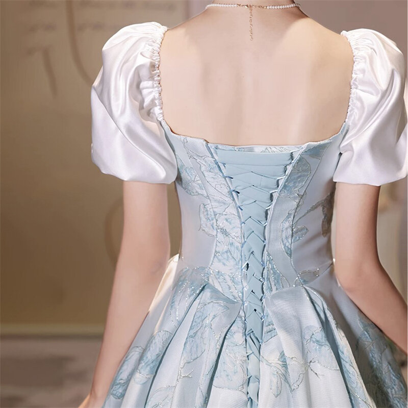 Французское синее вечернее платье, элегантное праздничное платье с открытыми плечами, длинное платье с пышными рукавами, женская одежда