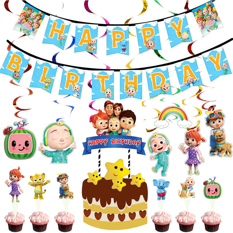Kartun COCOMELONS tema pesta ulang tahun dekorasi kartun balon Foil Set peralatan makan sekali pakai spanduk perlengkapan pesta anak-anak