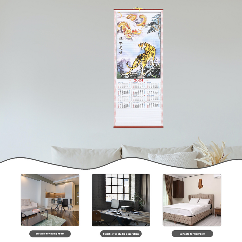 Calendario chino de imitación de bambú, papel de pared colgante de dragón, Año Nuevo, mensual, oficina, calendario colgante de desplazamiento tradicional