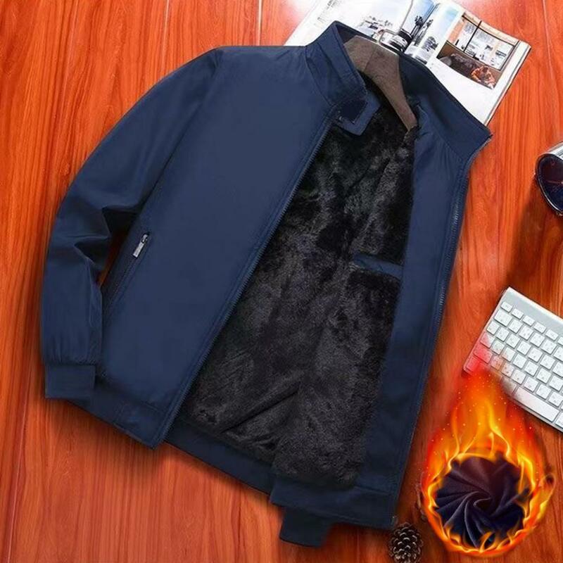 Men Coat Thermal Windproof Mid-aged Men's Coat with Plush Collar Cold Resistant Zip Up Cardigan for Fall Winter Men Solid Color