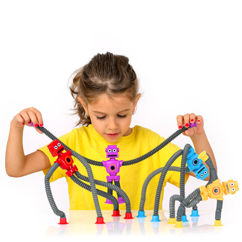 Brinquedo telescópico do robô dos desenhos animados para crianças, quebra-cabeça versátil, esticando ventosa, redução de pressão e brinquedos calmantes, 4pcs