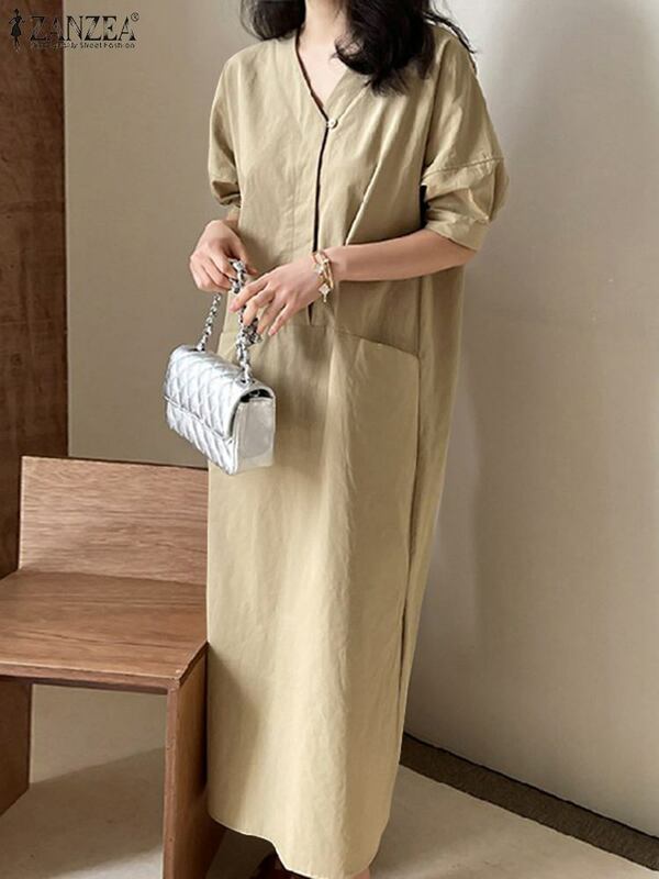 Женское винтажное однотонное длинное платье ZANZEA, Повседневное платье-карго с карманами, модное офисное свободное платье в стиле Харадзюку С V-образным вырезом, лето 2024