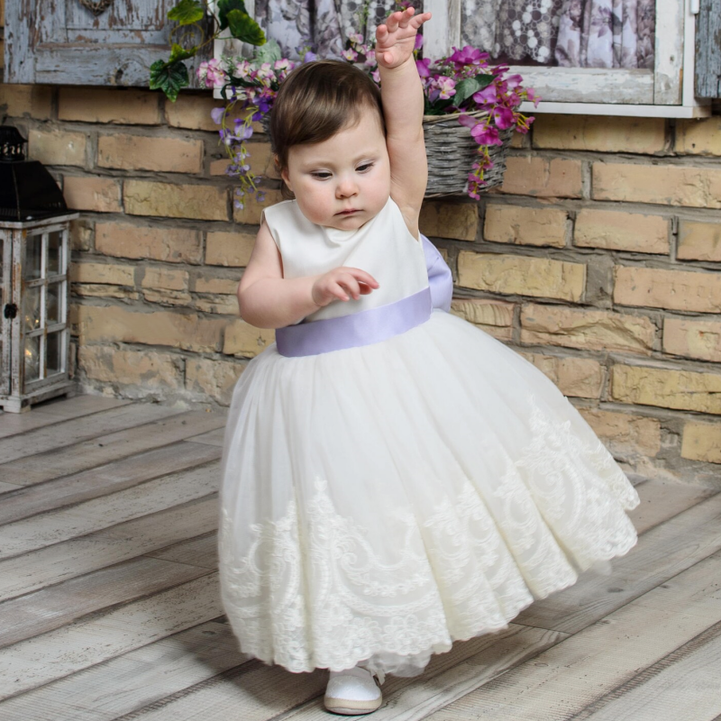 Flower Girl Dresses Ivory Tulle Lace Appliques With Purple Bow Sleeveless For Wedding Birthday Party First Communion Gowns