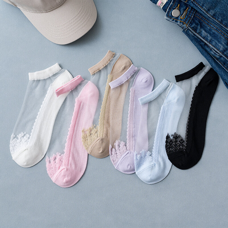 6 Pairs Women Short Socks Spring Summer Solid Color Flower Lace Crystal Silk Transparent Cute Thin Casual Low Cut Ankle Socks