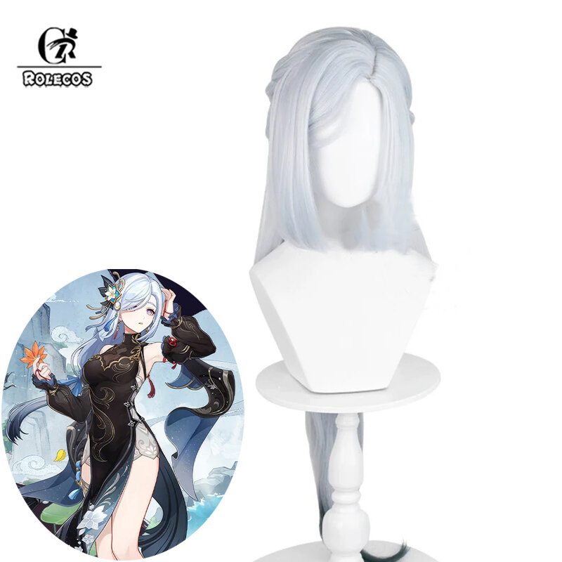 ROLECOS-Perruque de Cosplay Genshin Impact Lantern Rite Shenhe, Perruque Grise Dégradée de 100cm de Long, Degré de Chaleur, Cheveux Synthétiques
