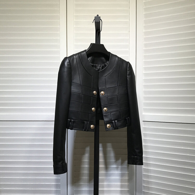 2023 Spring Hot Chic Women's Leather Biker Jackets Brand New Designer Sheepskin Genuine-leather Short Coat B849