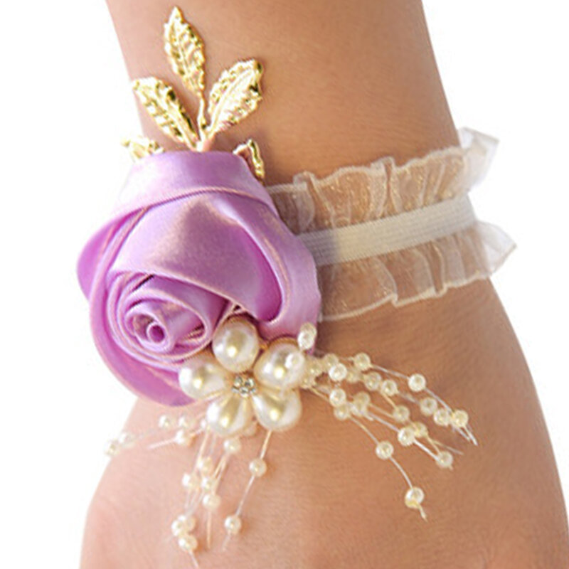 Bridesmaid Rose Bracelet Wedding Wrist Corsage Polyester Ribbon Pearl Bow Bridal Gifts Hand Flowers Party Prom Supplies