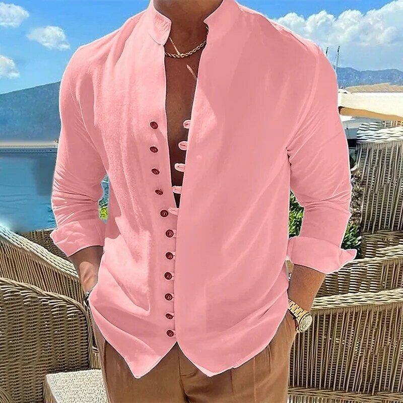 Новинка весна-осень 2024, Мужская модная трендовая рубашка в стиле ретро из хлопка и льна с длинными рукавами, повседневный Свободный Мужской Топ